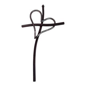 Heart Shaped Metal Wavy Cross Wall Decor 11" Bronze Art Religious Decor